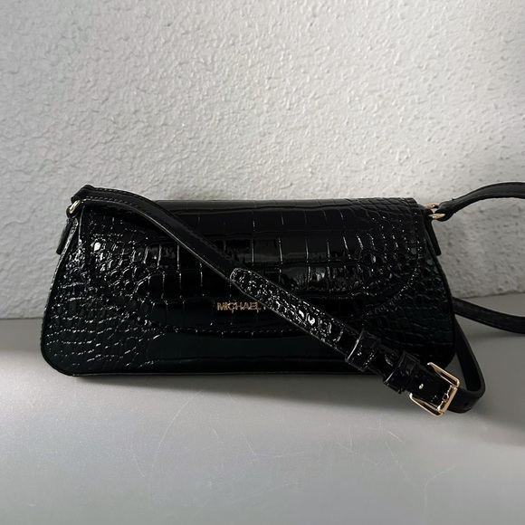 NWT MICHAEL MICHAEL KORS KATYA MEDIUM FLAP CROSSBODY CROC-EMBOSSED IN BLACK - Picture 5 of 11